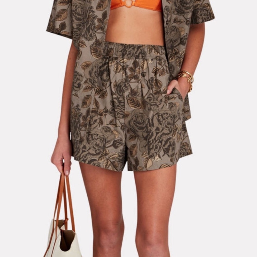 GANNI Printed Cotton Poplin Shorts Fossil Brown Floral Size 38 US M
